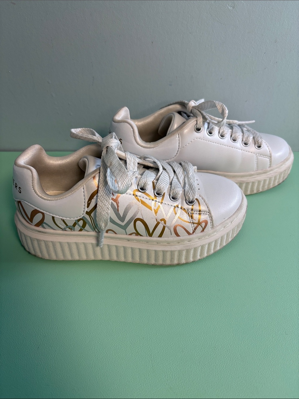 Skechers Hi Ridge White Sneaker with Gold & Silver Hearts, Girl Shoes Size 12